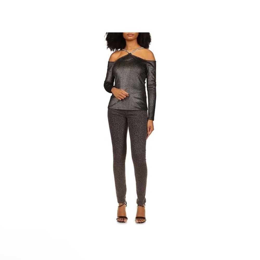 Michael Kors Women's Metallic Velvet Chain Cold Shoulder Top Gray, US Small - Picture 2 of 6